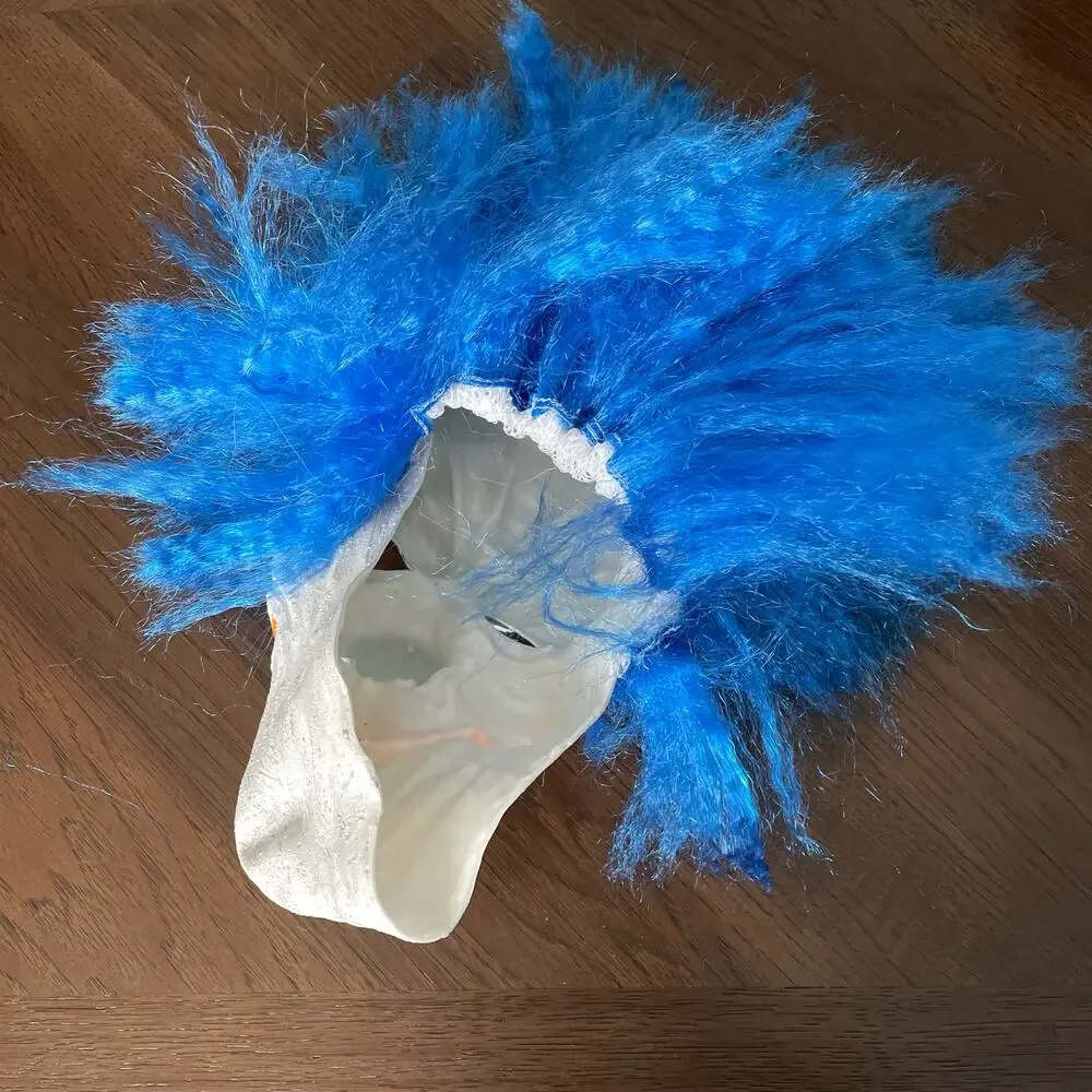 Creepy Clown Mask Halloween Costume Black Light Glows Pennywise Blue Hair NWT